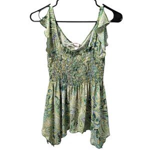 Vol.1 Green Paisley Smocked Ruffle Hem Sleeveless Blouse – Women’s S